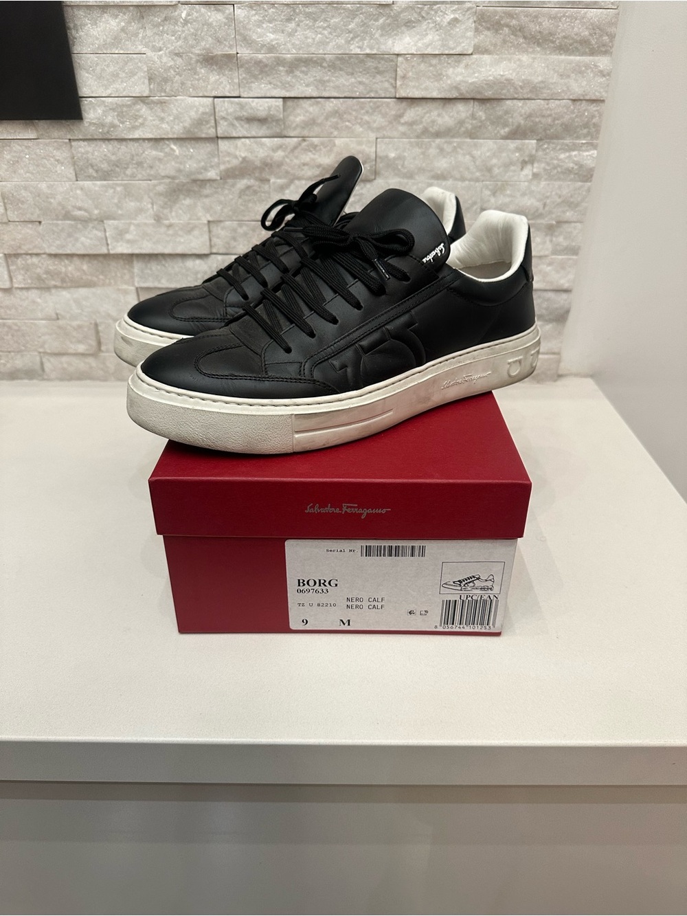 Salvatore Ferragamo Gancini Leather Sneakers Black/White Size 9 Made in Italy